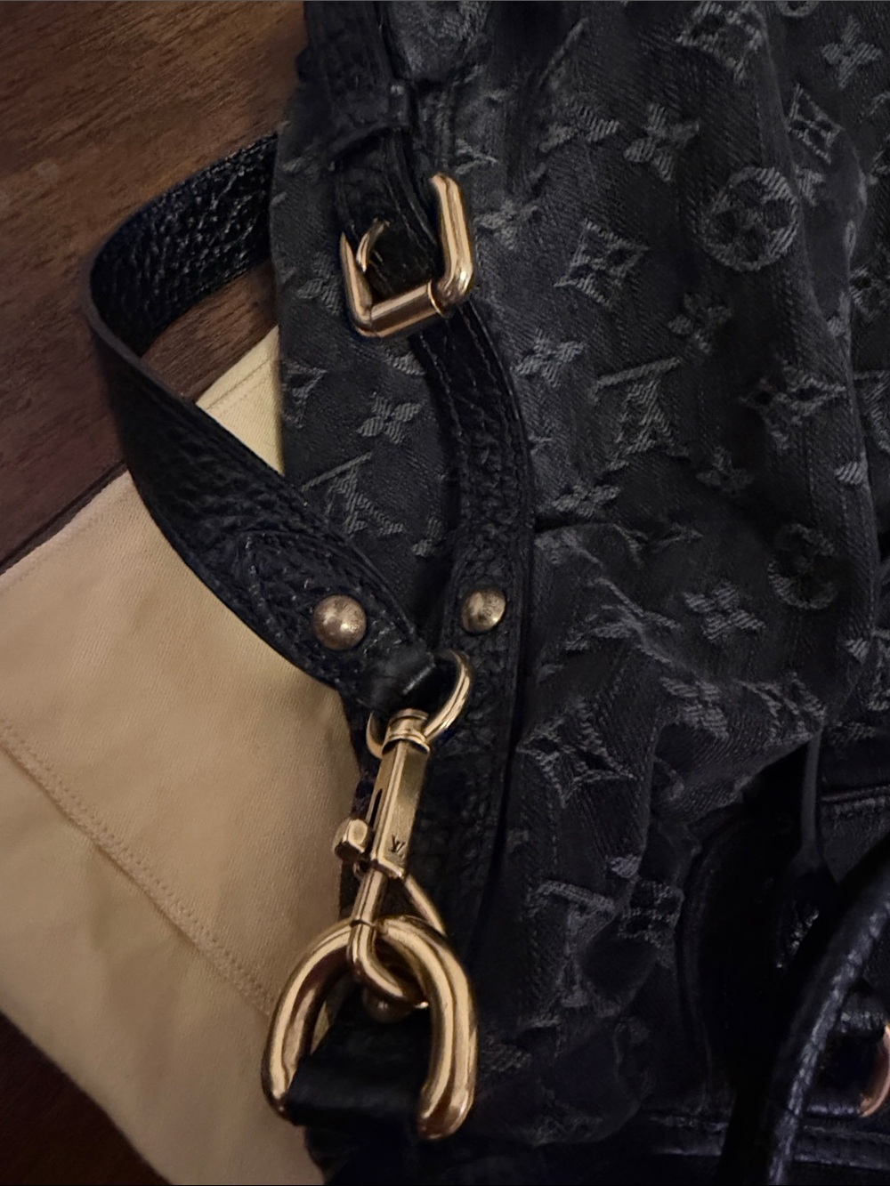 Louis Vuitton Black Monogram Denim Shoulder Bag with Gold Hardware EUC - Picture 5 of 9